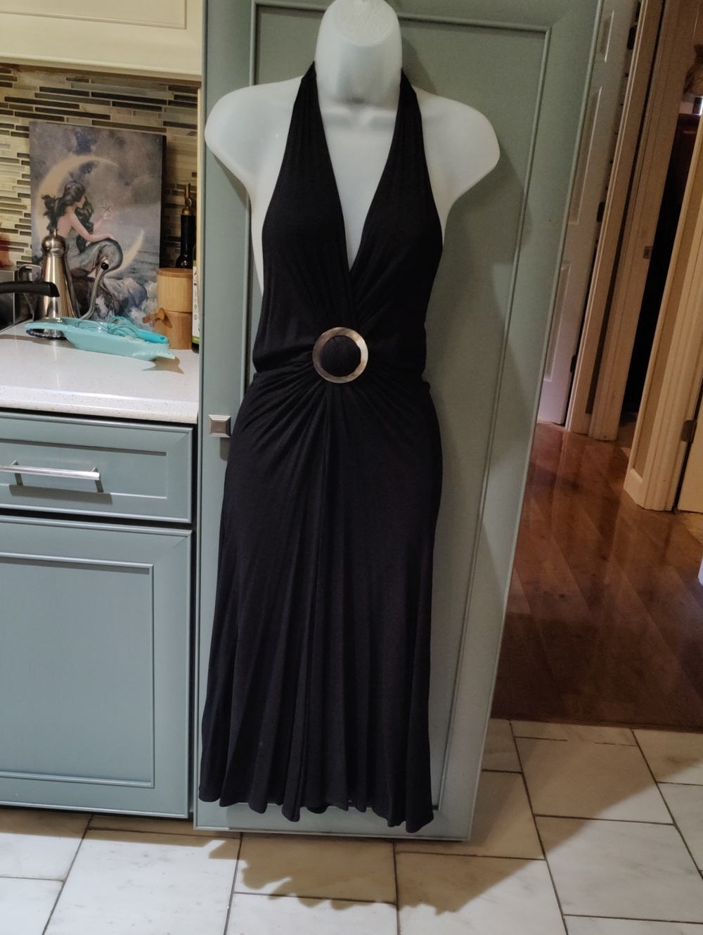 Black Halter Midi Dress with Decorative Ring